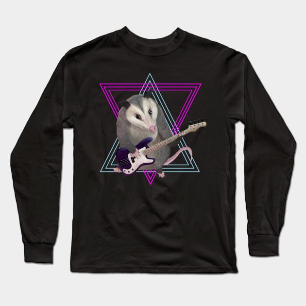 Opossum playing the bass guitar Long Sleeve T-Shirt by Mehu Art